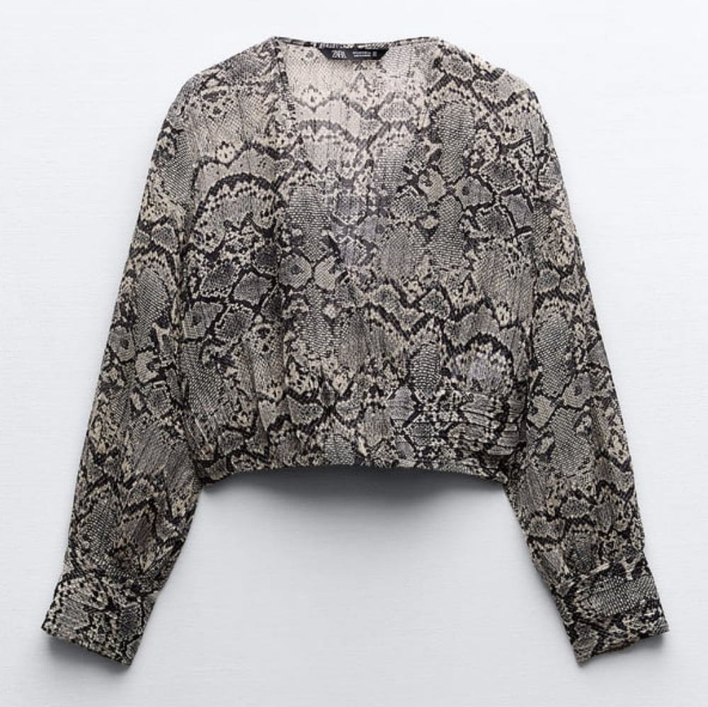 NWT ZARA GRAY SNAKESKIN CROPPED LONG SLEEVE BLOUSE